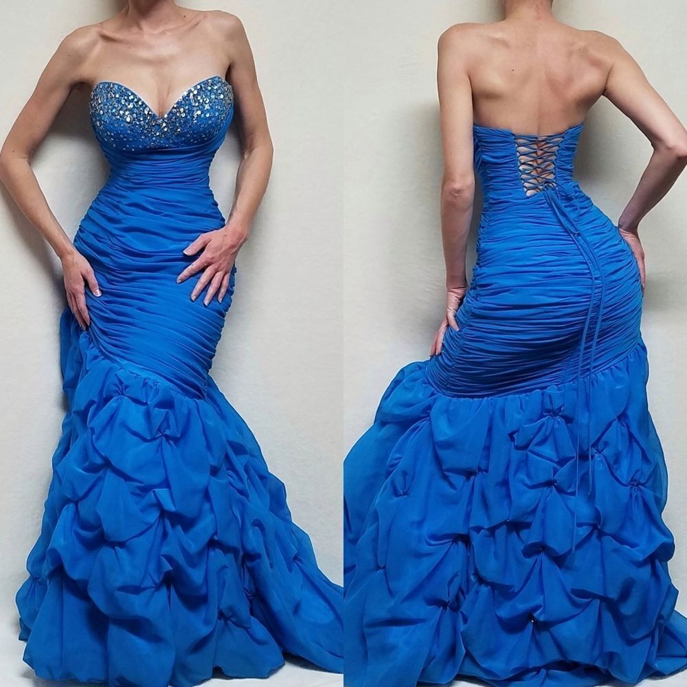 Joli Prom Blue Ruched Sequin Beaded Strapless Bubble Hem Continous Mermaid Dress